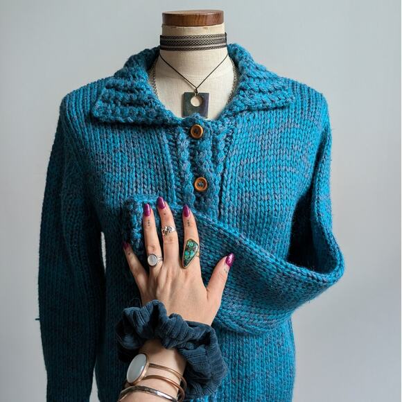 Vintage Blue Teal Chunky Knit Cardigan Cute Grannycore Cottagecore Sweater Small - Picture 3 of 9